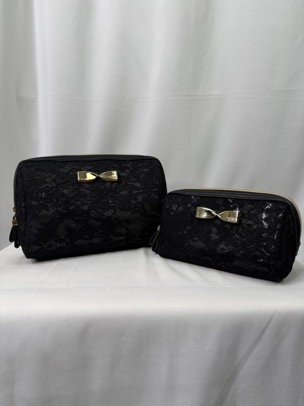 Victoria's Secret Black Lace Cosmetic Pouches with Gold Bow Hardware